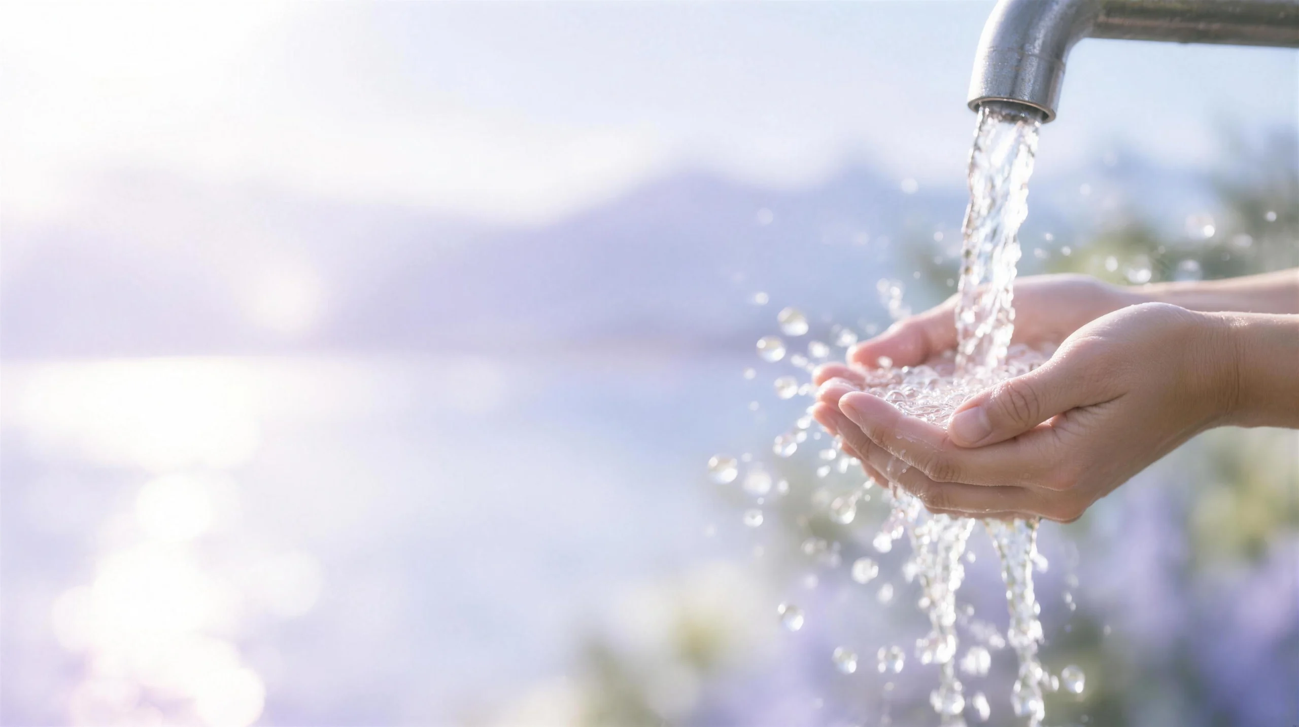 Clear water pouring from a tap into cupped hands